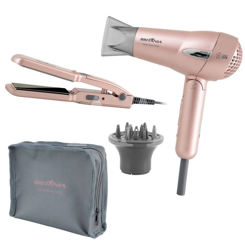 SECADOR E PRANCHA BRITANIA KIT TRAVEL ROSE GOLD BIVOLT